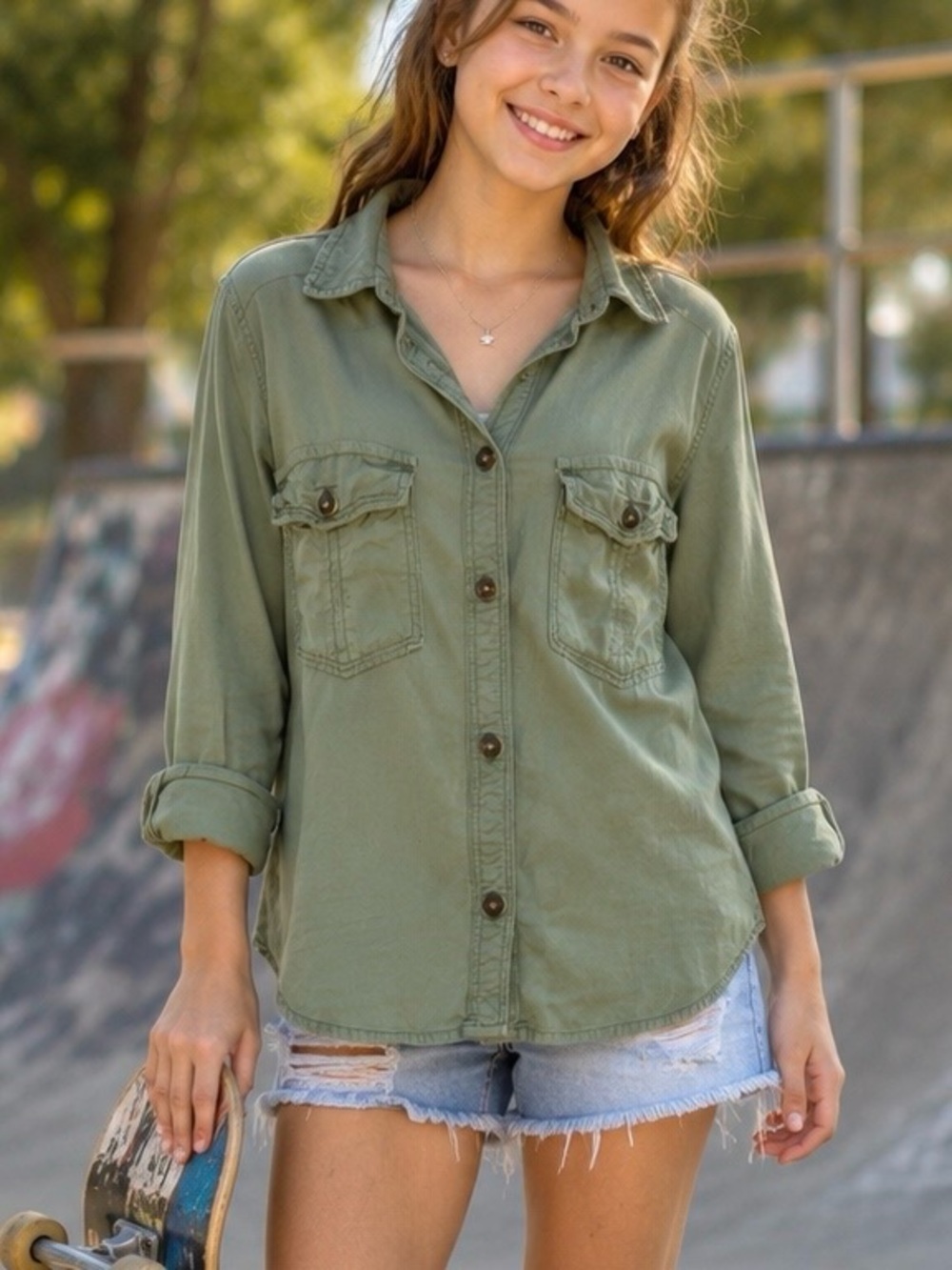 Hollister California XS Olive Green Button Front Utility Shirt Blouse
